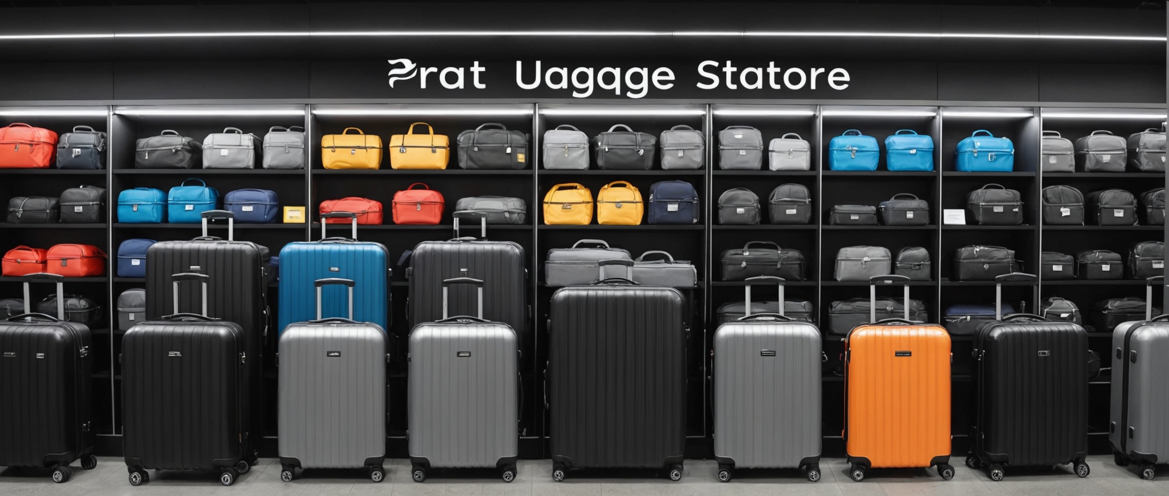 Магазин чемоданов Prat Luggage Store с разноцветной выставкой багажа на полках.