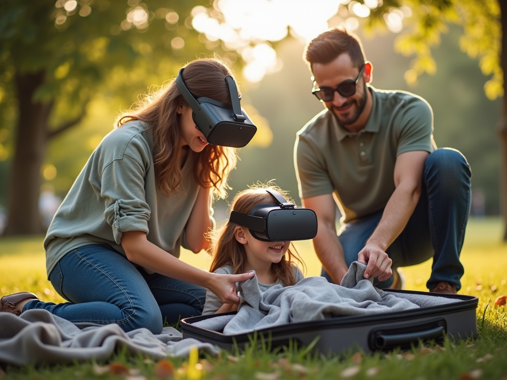 Семья на пикнике в парке использует VR-очки: мать и дочь в очках, отец сидит рядом.